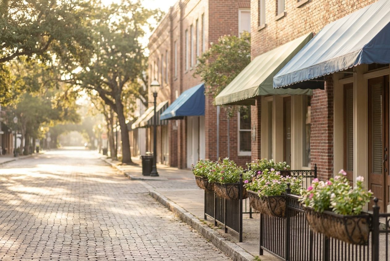 Brick storefronts along a small-town main street