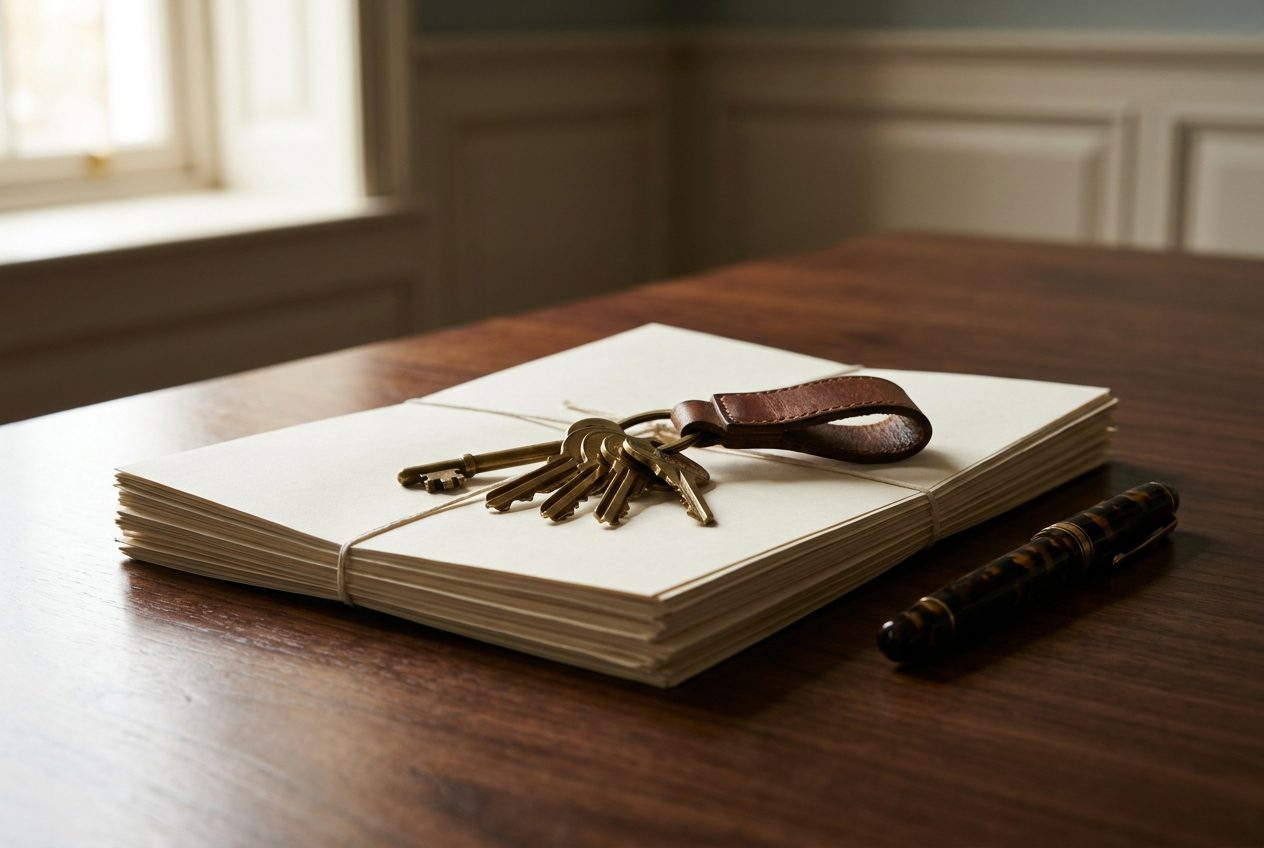 Brass house keys and a fountain pen resting on a stack of closing documents