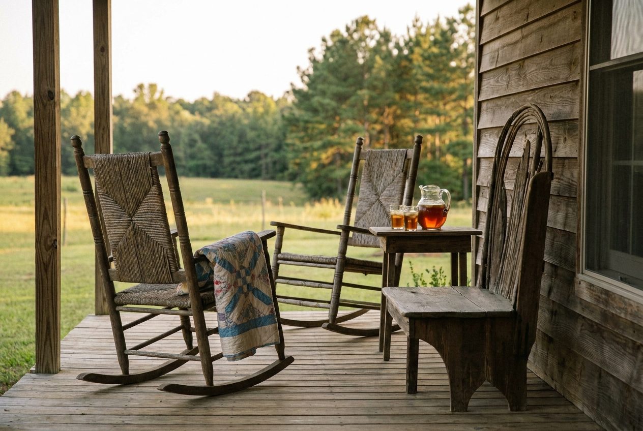 Two rocking chairs, a tea pitcher, and a quilt on a homestead porch