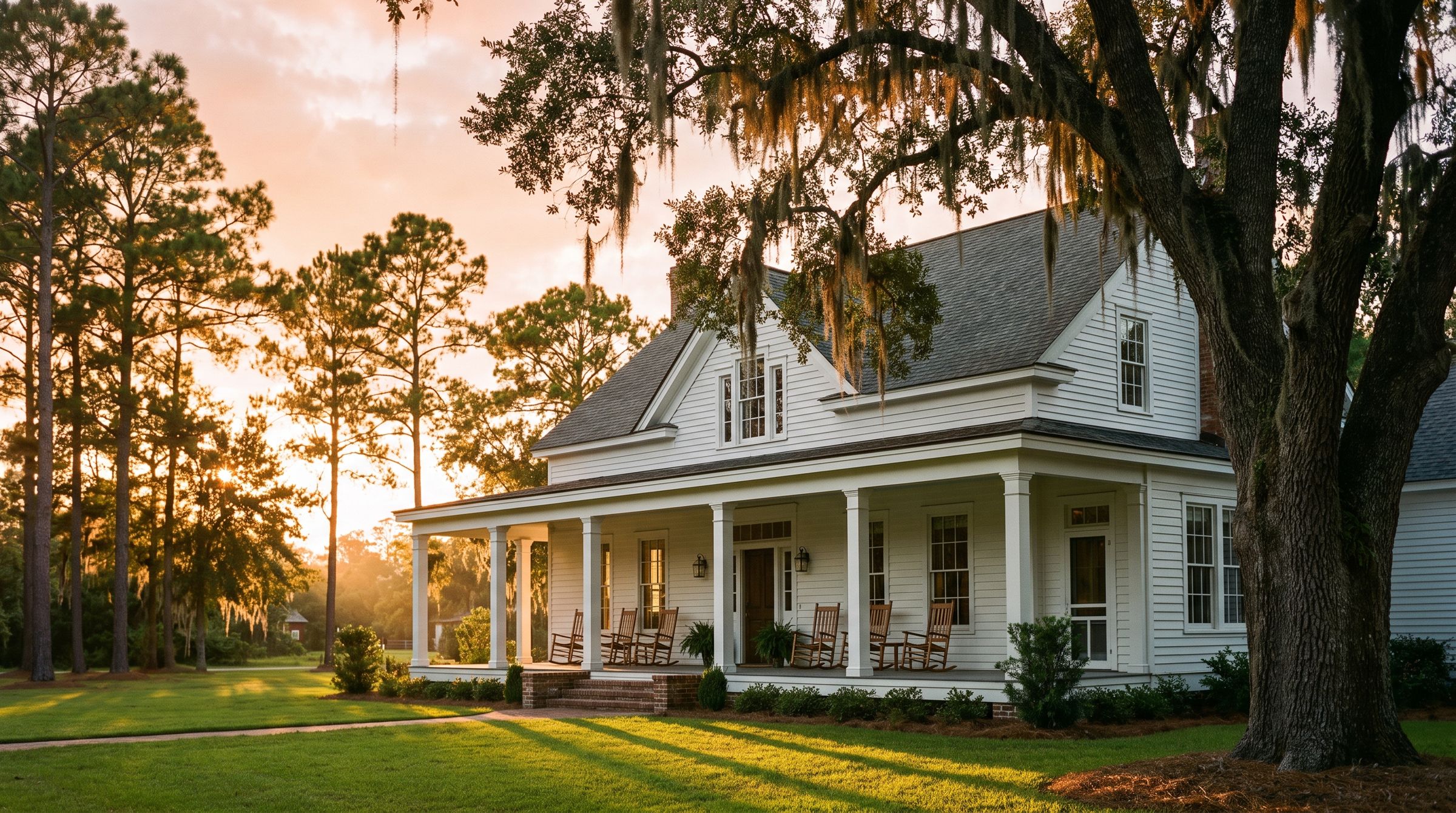 Southern home with a wide front porch under live oaks at golden hour