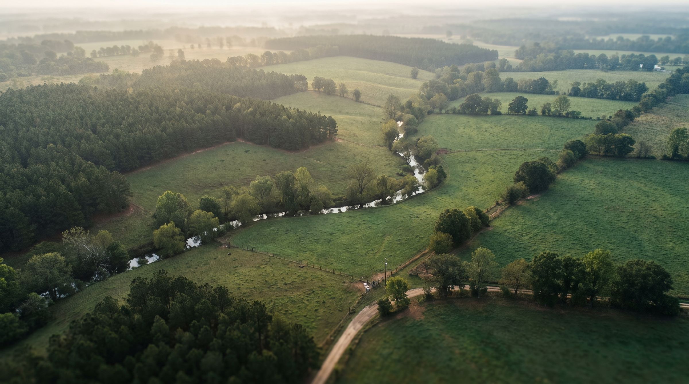 Aerial view of Mississippi pine timberland, pasture, and a winding creek