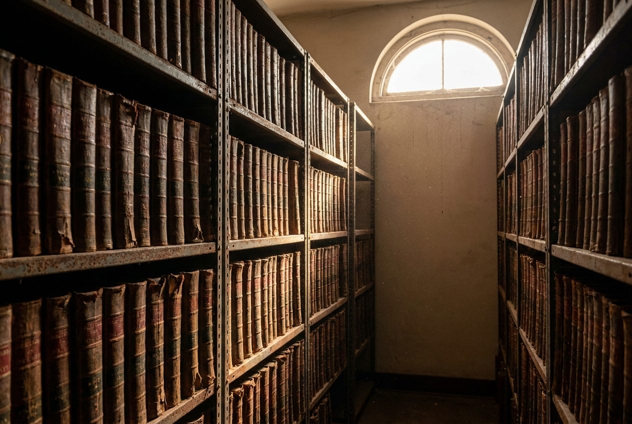 Rows of old leather-bound deed record books in a county records vault